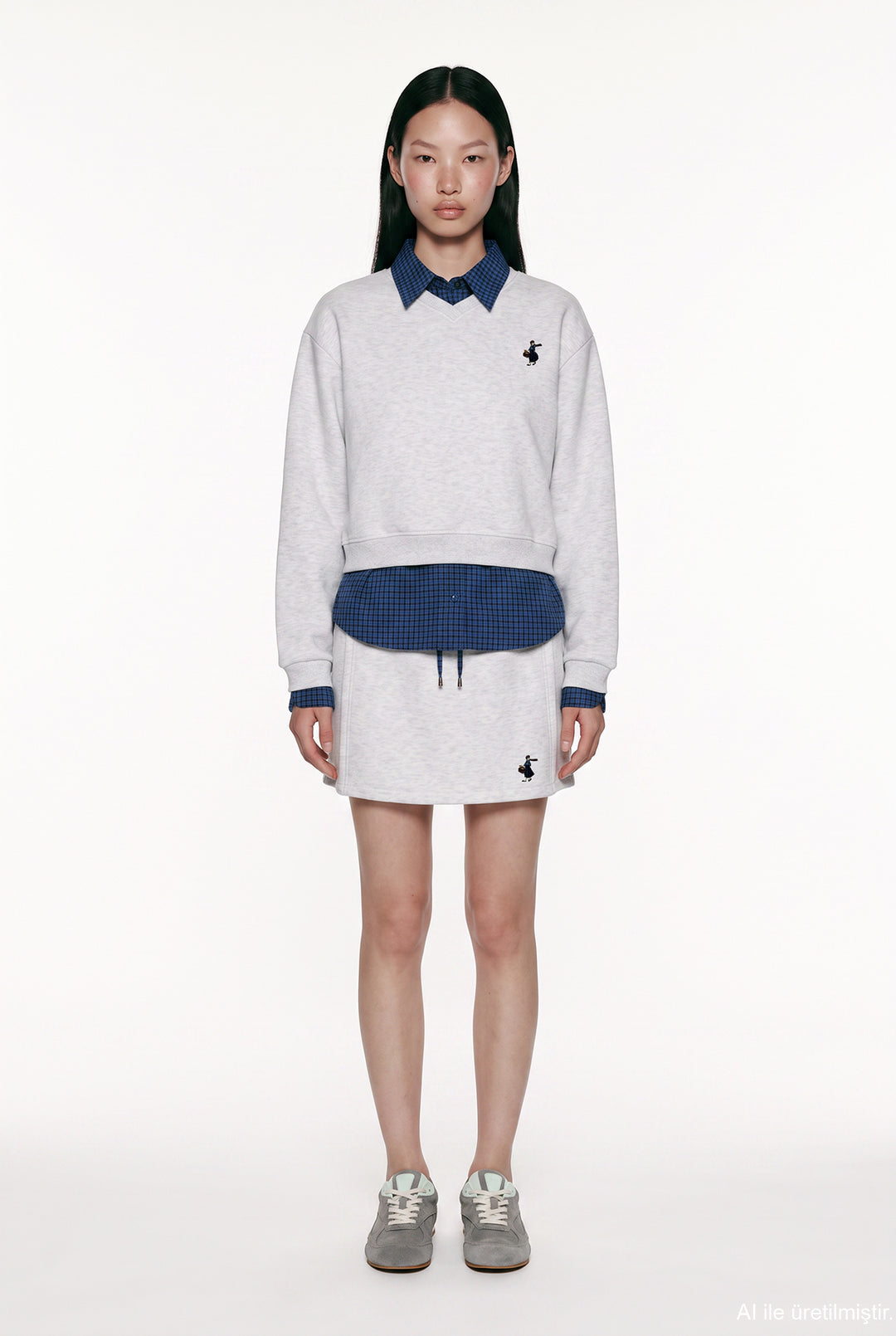 Ekose Garnili V Yaka Oversize Sweatshirt Karmelanj