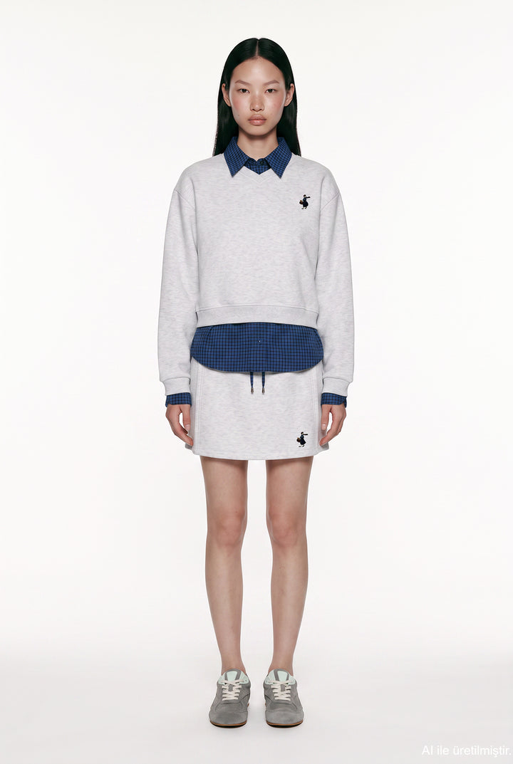 Ekose Garnili V Yaka Oversize Sweatshirt Karmelanj