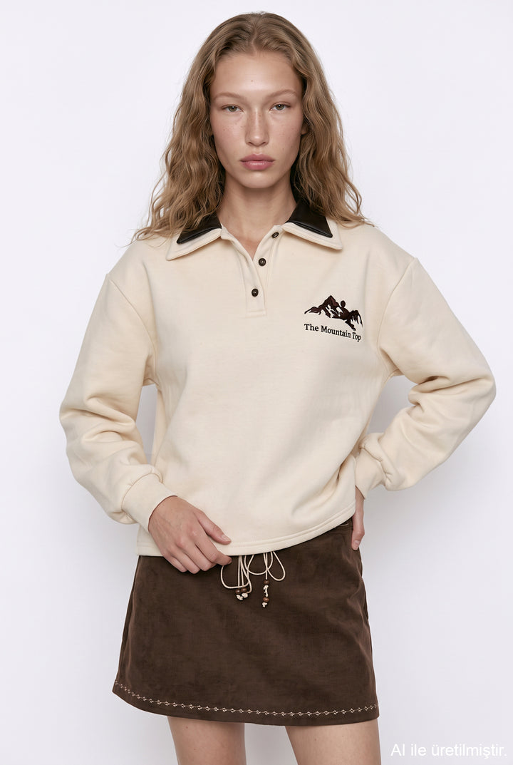 Polo Yaka Yazı Nakışlı Oversize Sweatshirt Bej