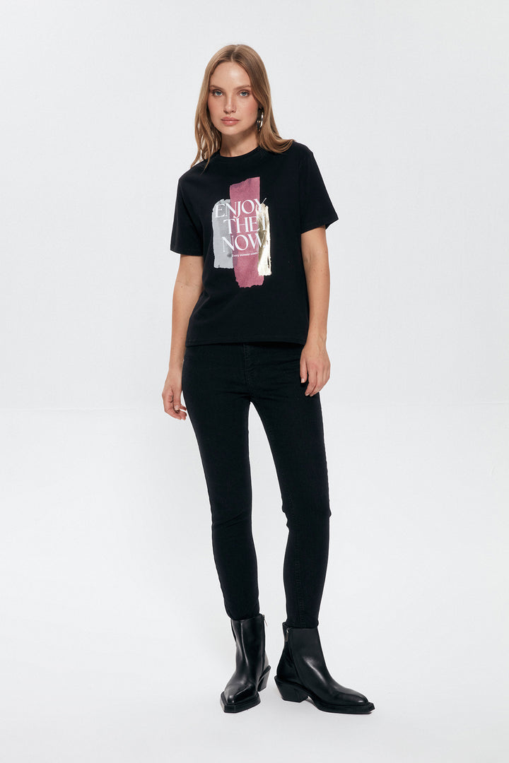Printed Detailed Short Sleeve T-Shirt Black