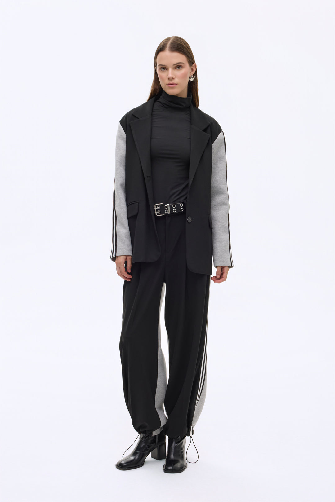 Şerit Detaylı Garnili Oversize Blazer Ceket Siyah