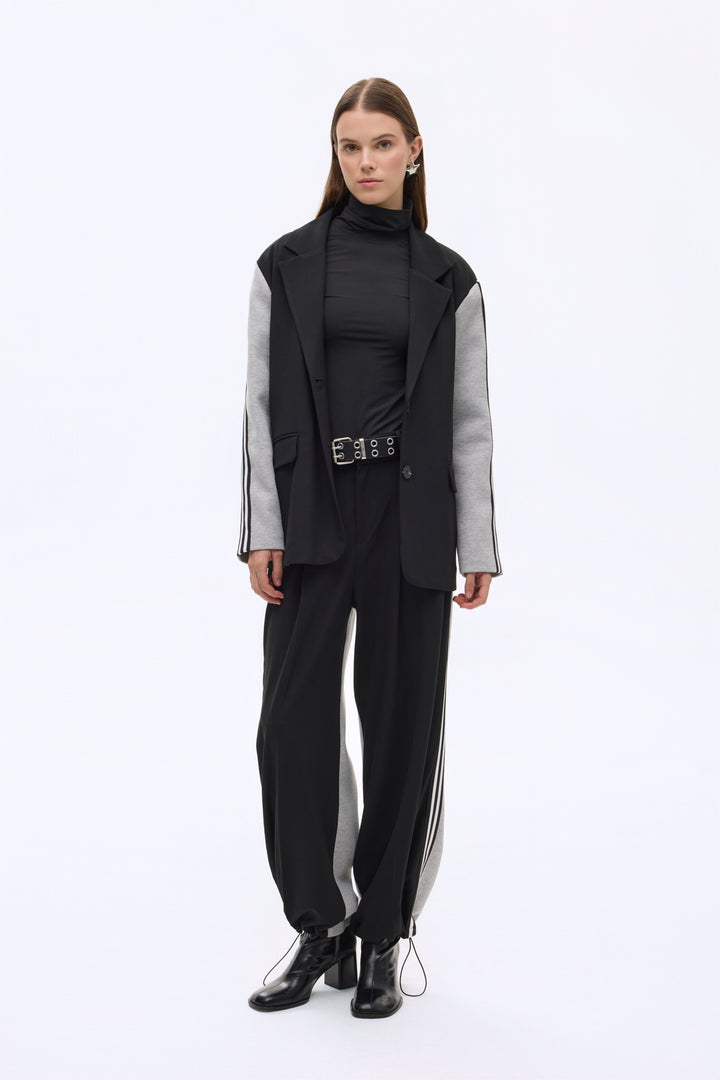 Şerit Detaylı Garnili Oversize Blazer Ceket Siyah