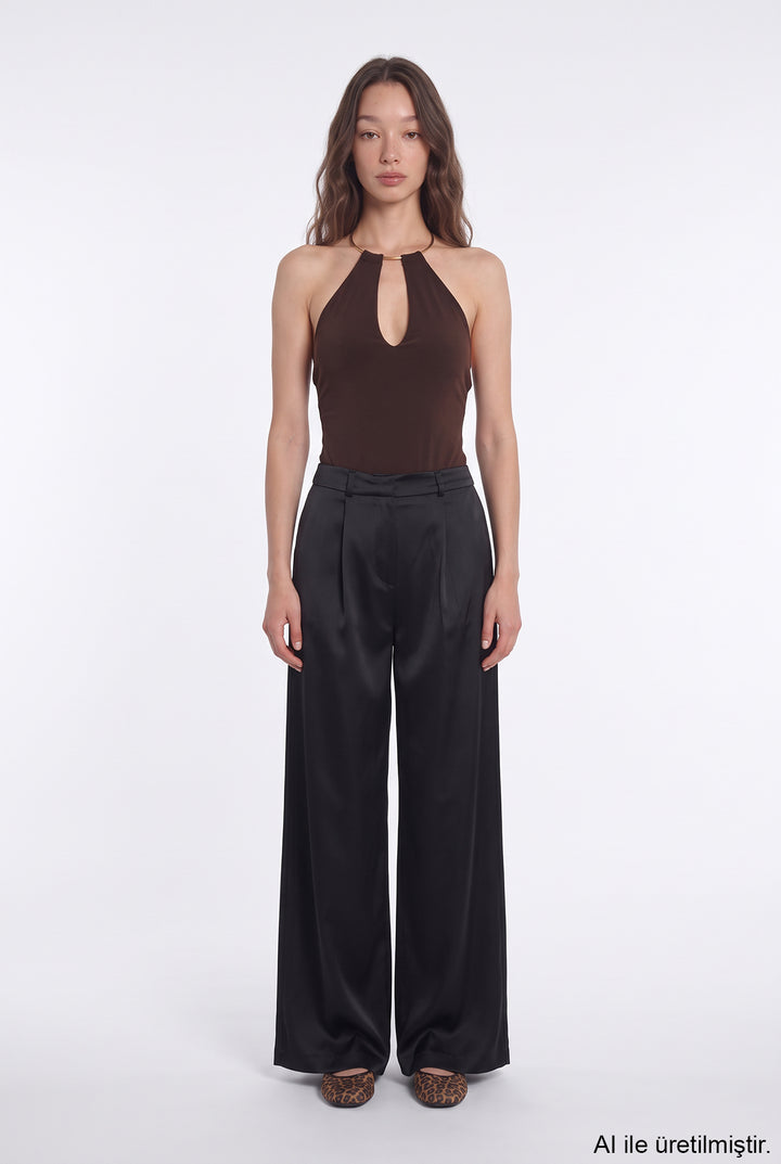 Gold Halka Aksesuarlı Bodysuit Kahverengi