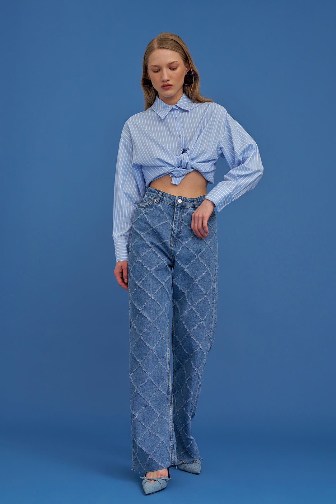 Dikiş Detaylı Yüksel Bel Denim Pantolon Mavi