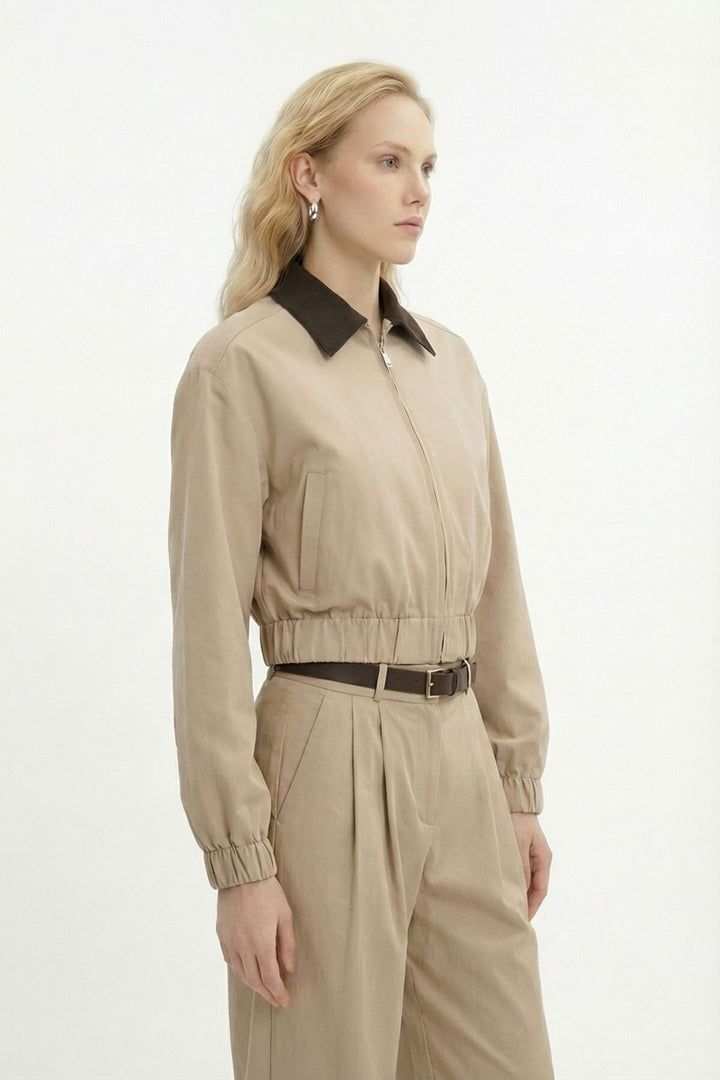 Kontrast Yaka Fermuarlı Bomber Ceket Bej