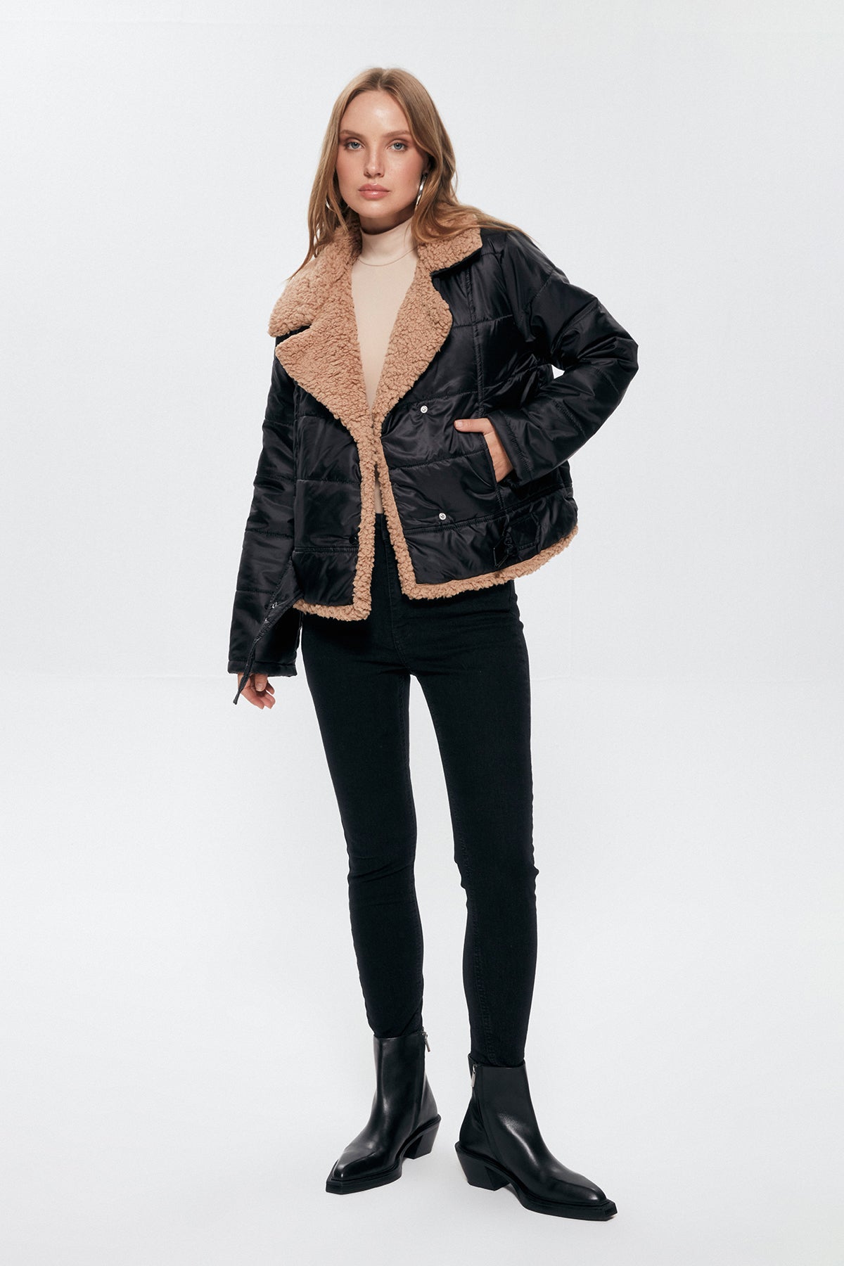 Plush Detailed Puffer Jacket Black