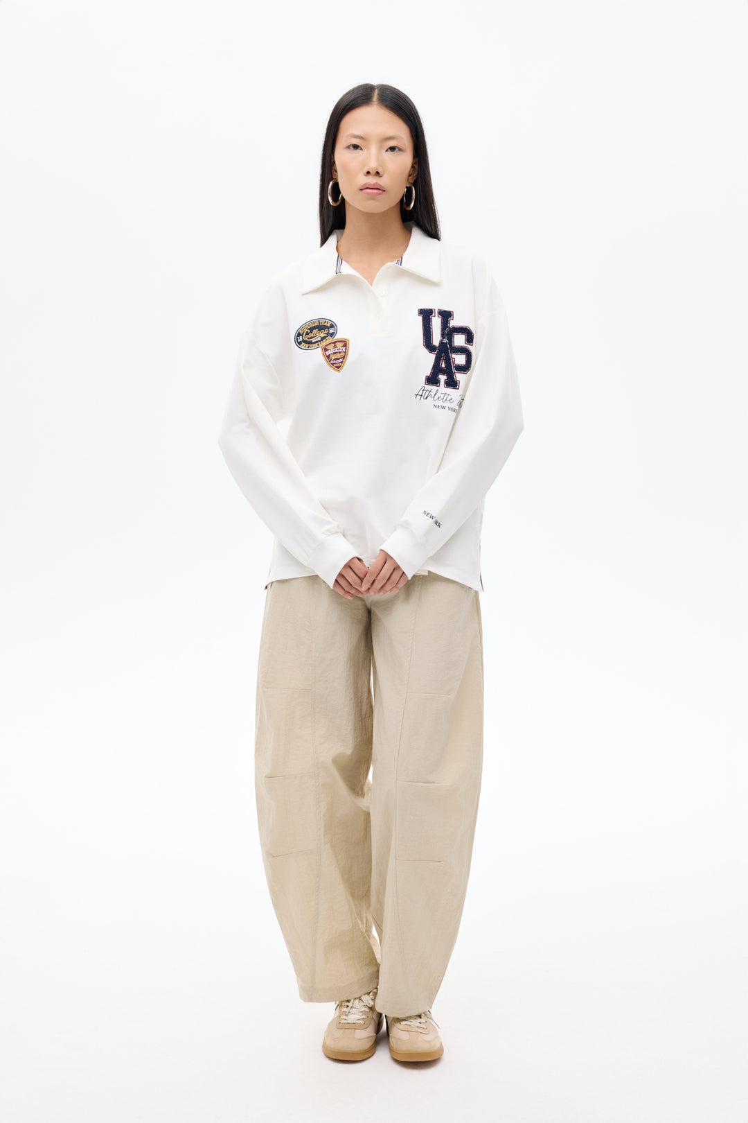 Arma Nakışlı Polo Yaka Oversize Sweatshirt Ekru
