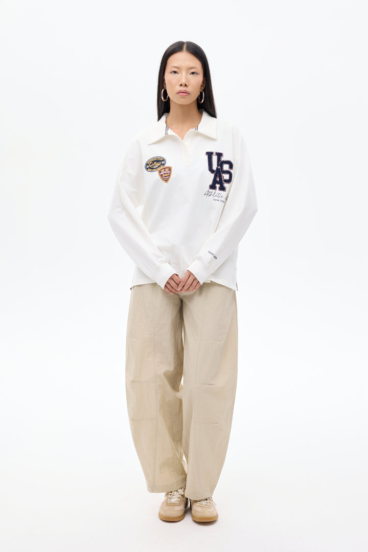 Arma Nakışlı Polo Yaka Oversize Sweatshirt Ekru