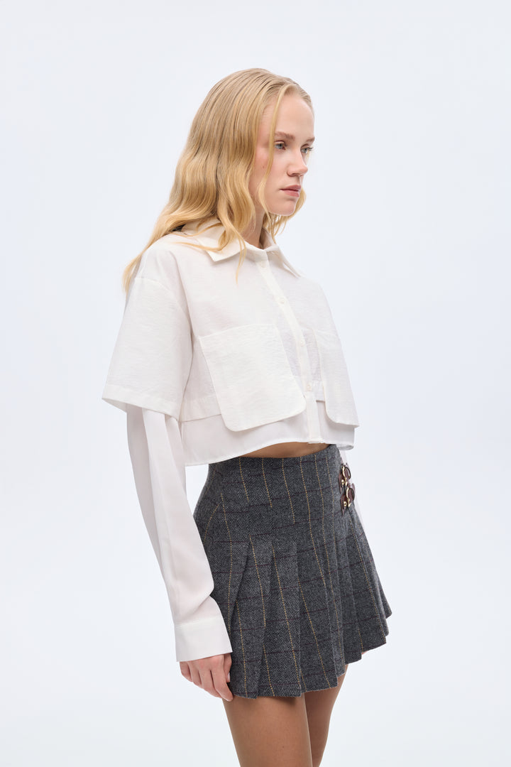 Çift Kat Görünümlü Crop Gömlek Ekru