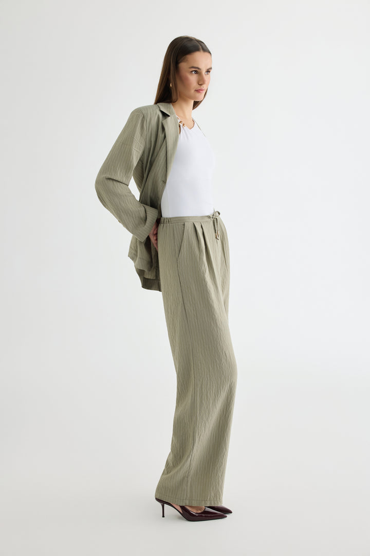 Çizgili Bağcıklı Bol Paça Pantolon Haki