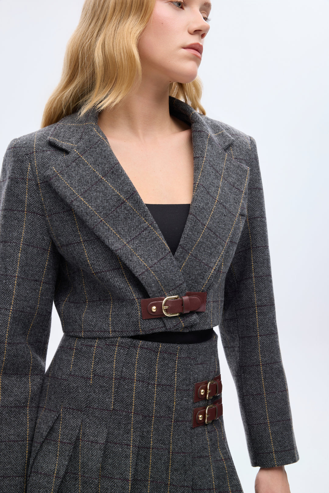 Balıksırtı Kemer Tokalı Crop Blazer Ceket Antrasit