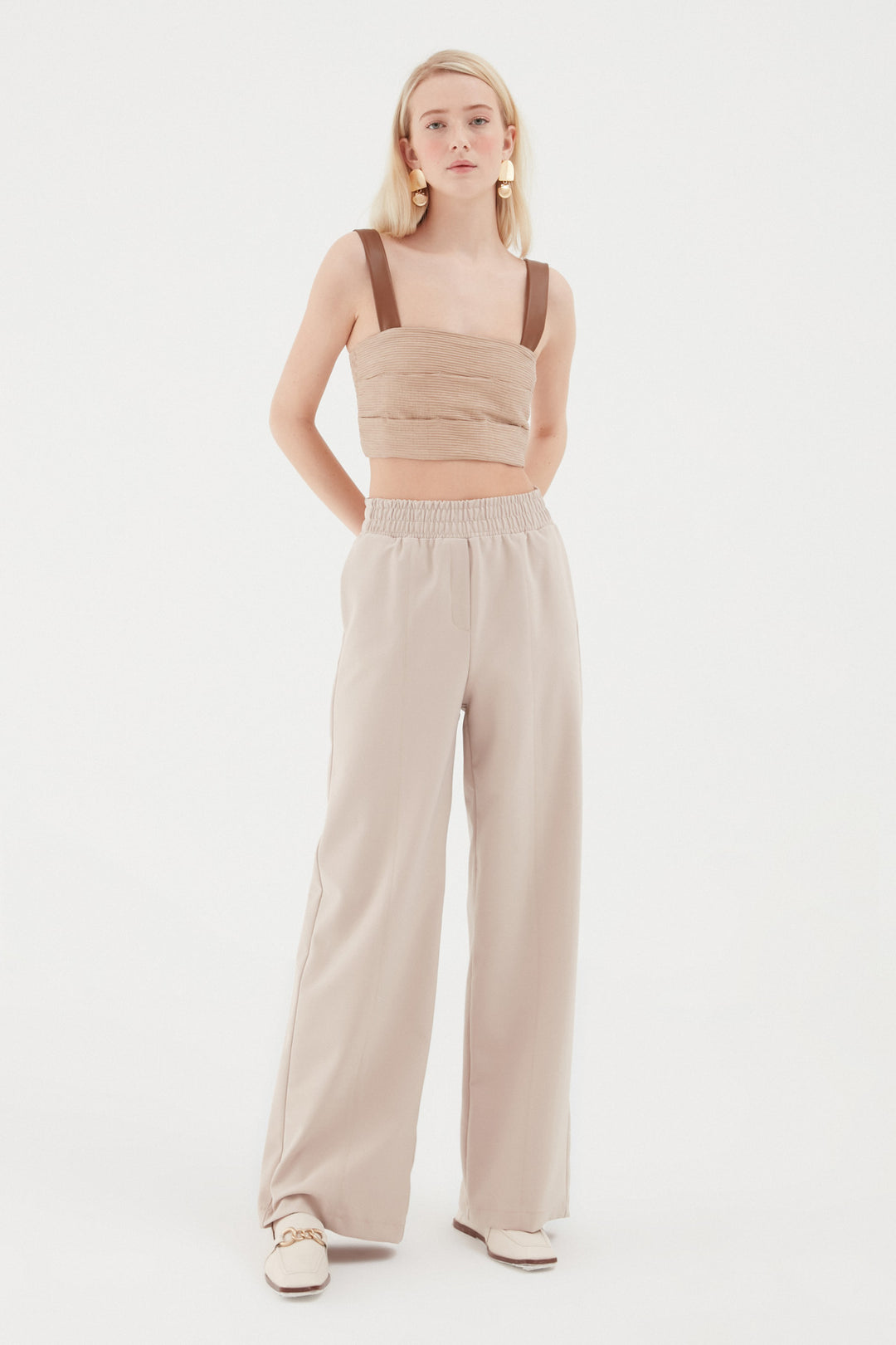 Elastic Waist Wide Leg Trousers Stone