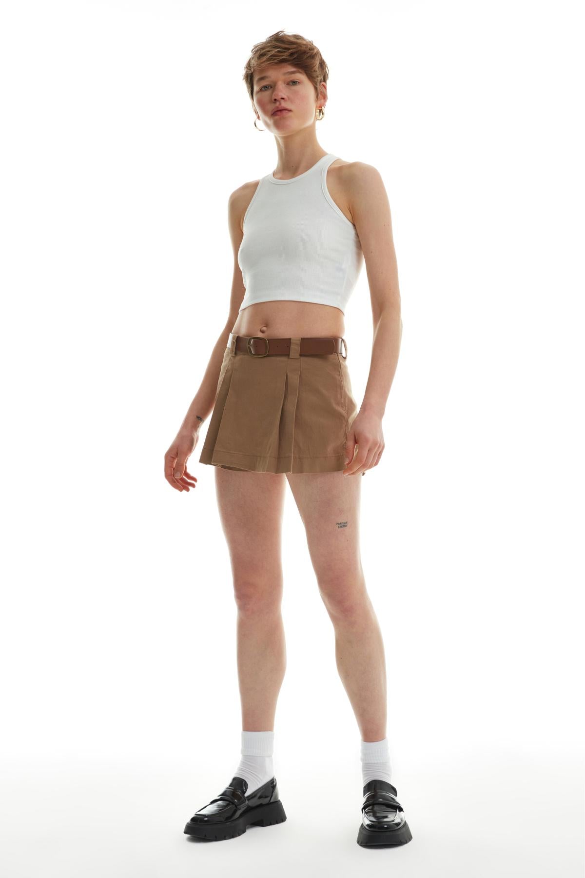 Belt Detailed Mini Short Skirt Camel