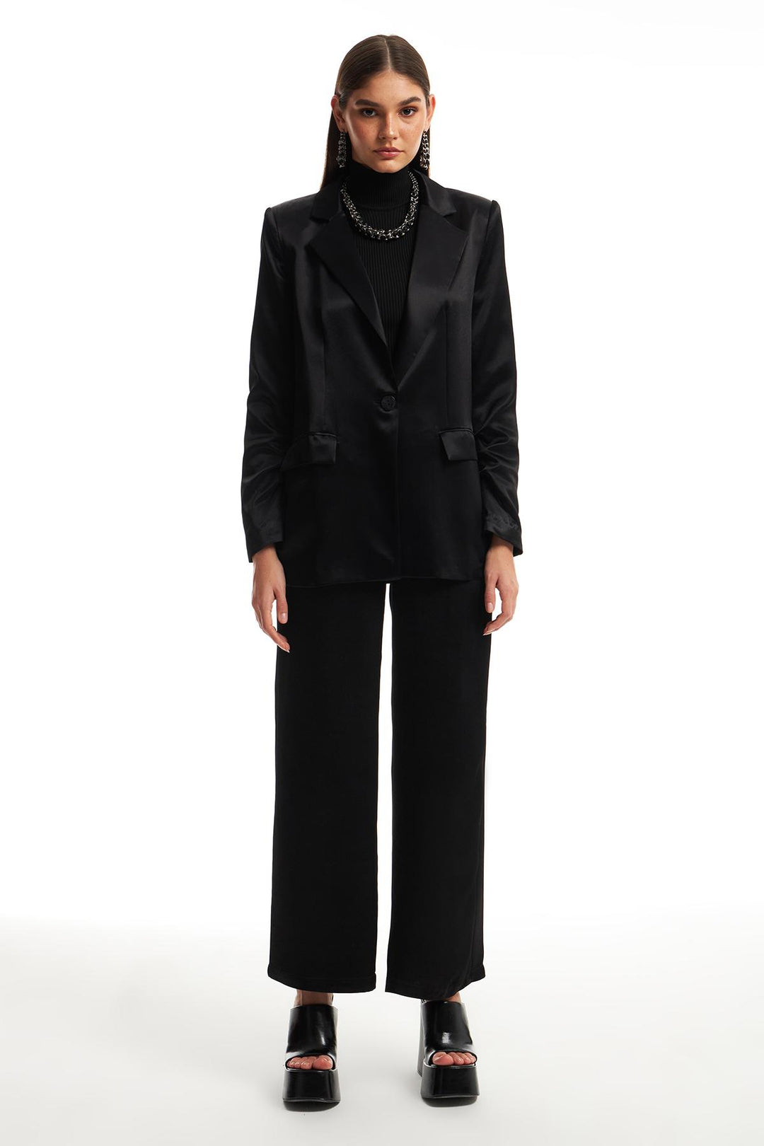 Kruvaze Saten Blazer Ceket Siyah