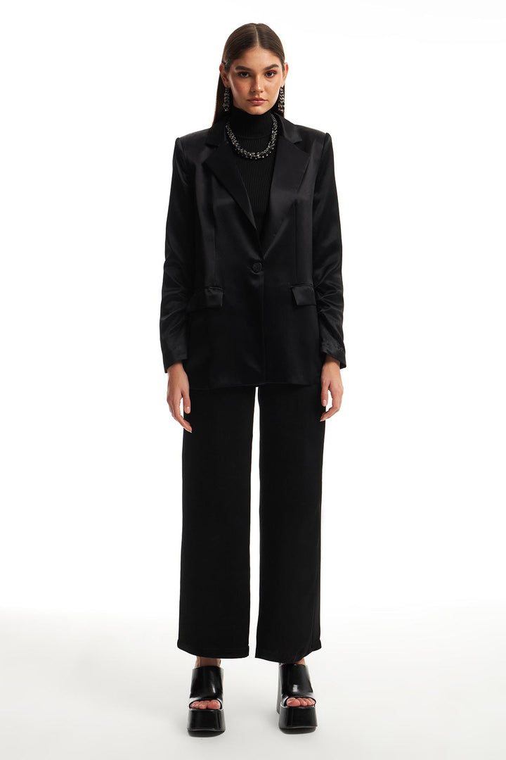 Kruvaze Saten Blazer Ceket Siyah