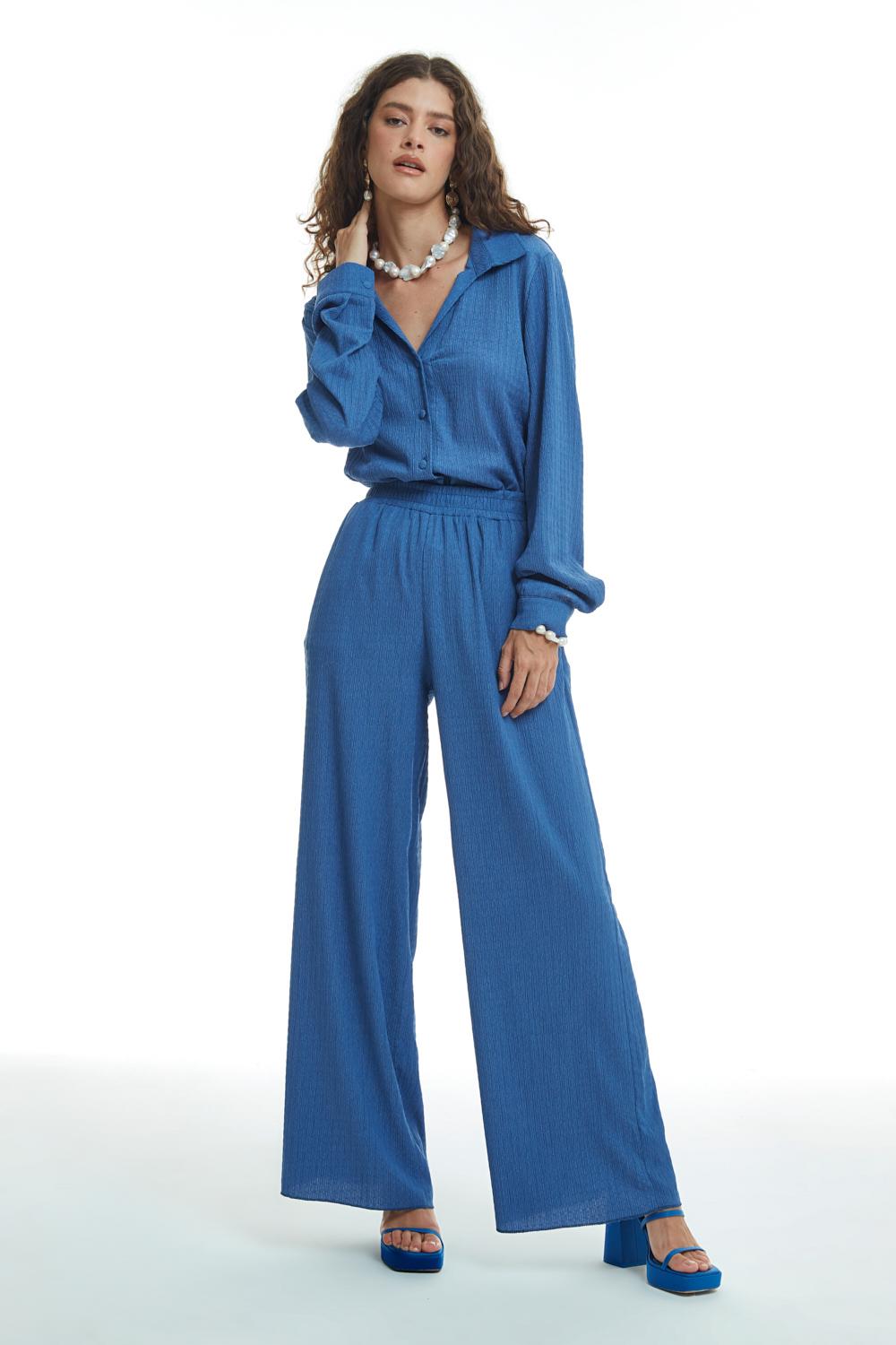 Elastic Waist Textured Trousers Indigo