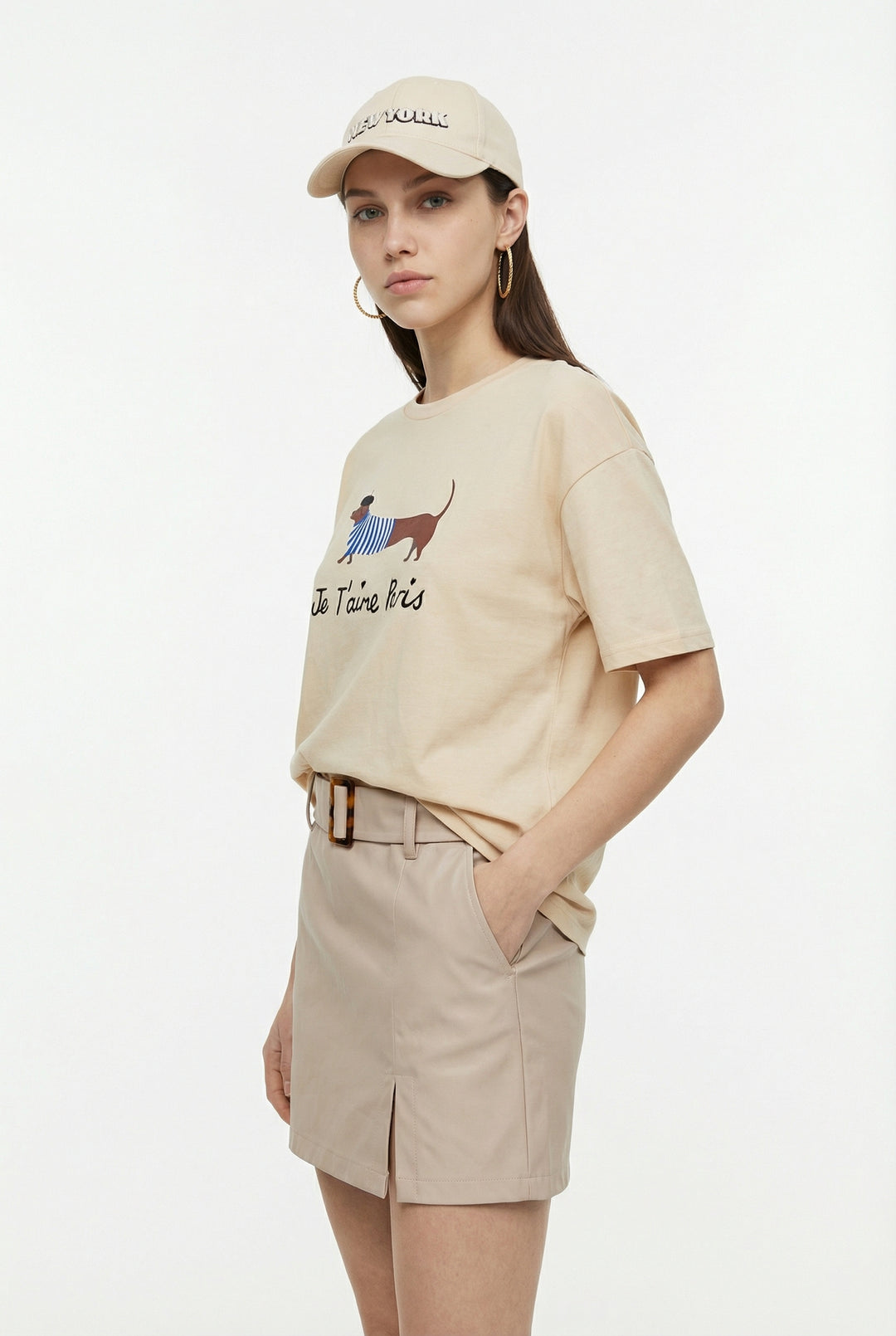 Yazı Nakışlı Köpek Baskılı Oversize Tişört Bej