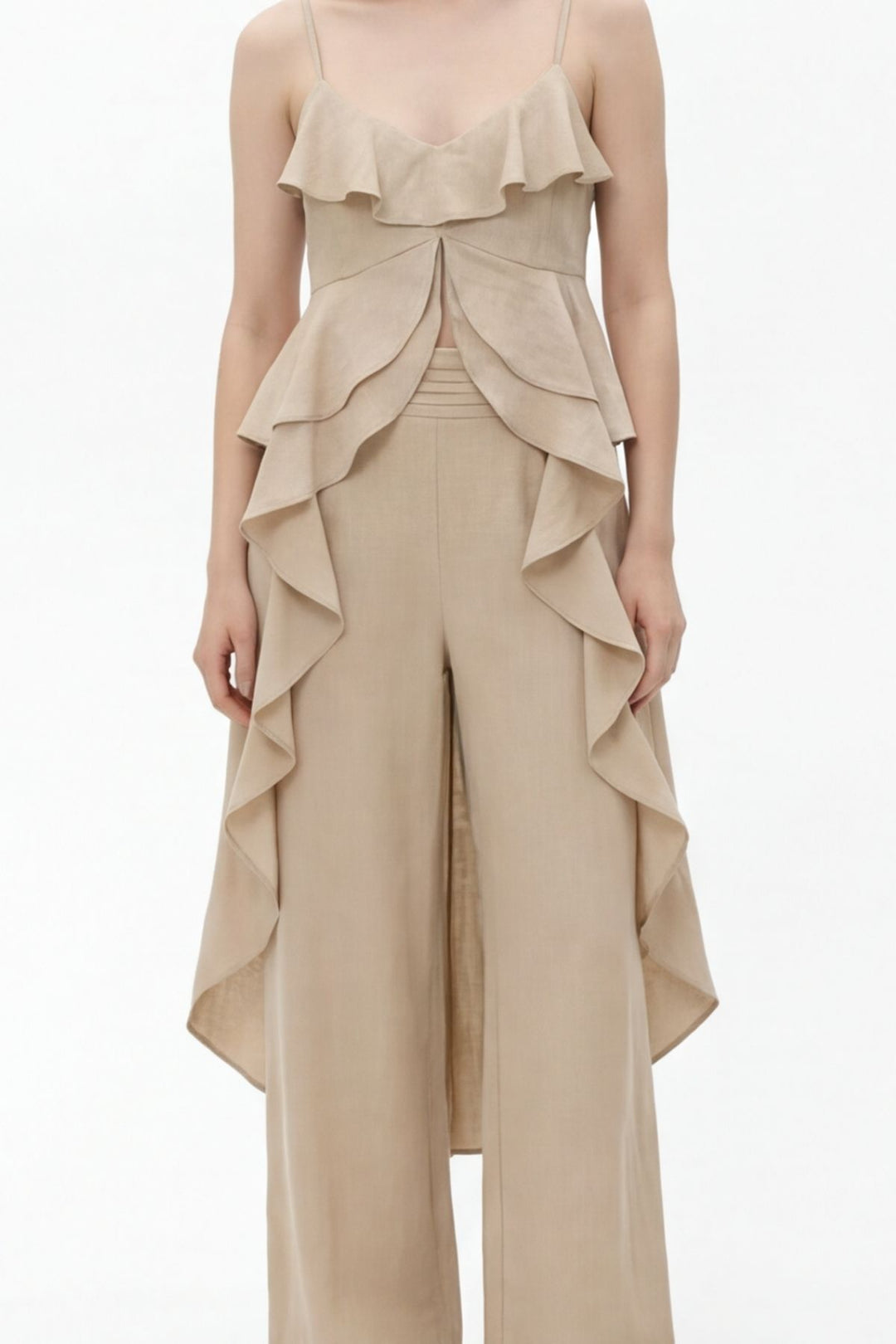 Askılı Volanlı Asimetrik Bluz Bej