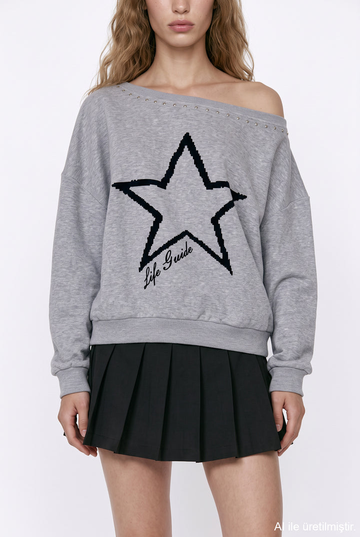 Kayık Yaka Yıldız Baskılı Sweatshirt Grimelanj