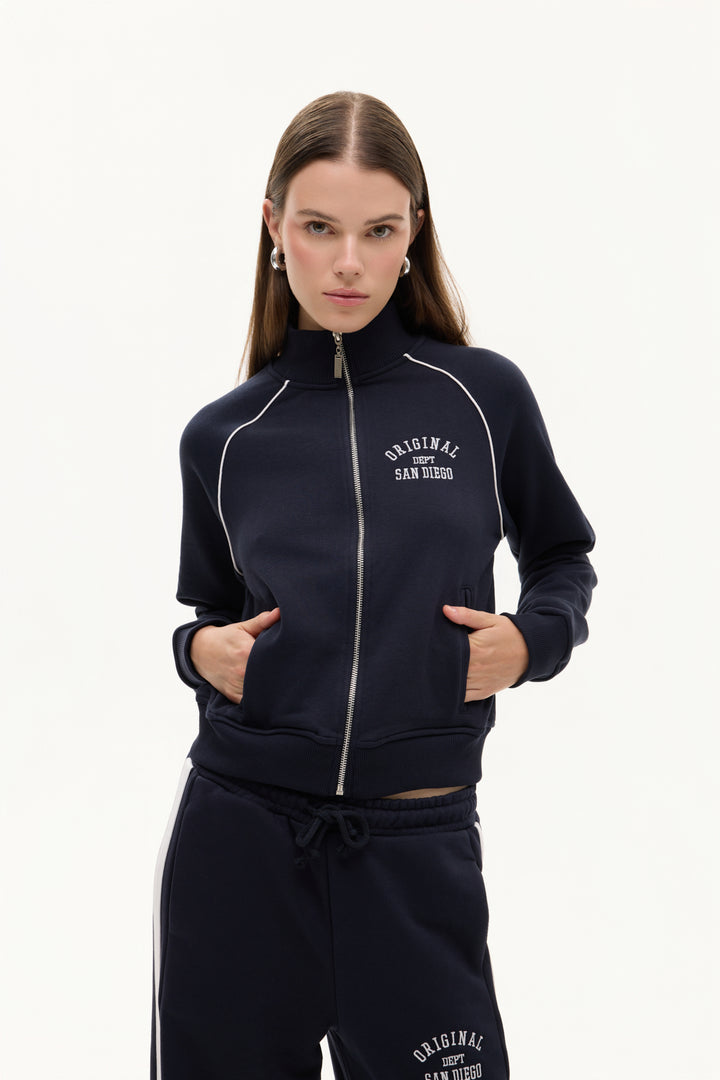 Sırtı Yazı Baskılı Dik Yaka Fermuarlı Sweatshirt Lacivert