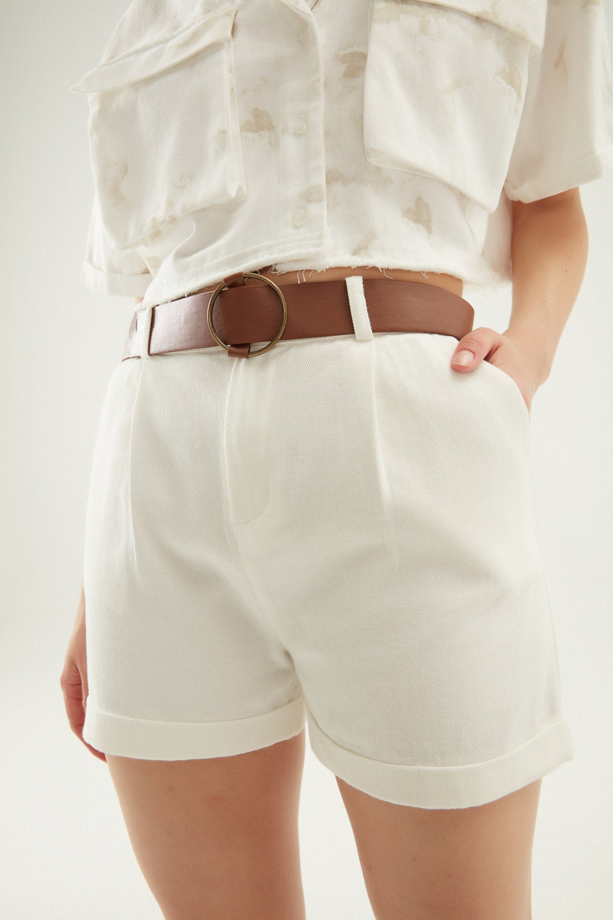 Belted Gabardine Double Leg Shorts White