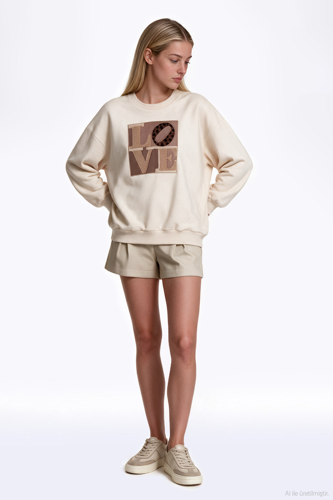 Love Nakışlı Sweatshirt Krem