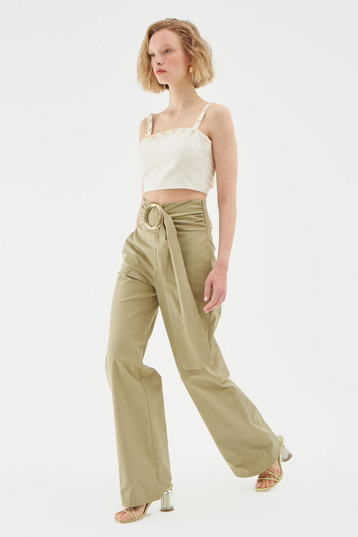 Toka Detaylı Yüksek Bel Bol Pantolon Haki