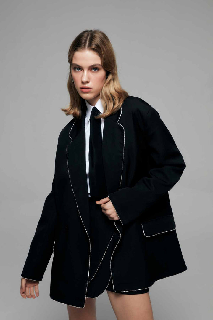 Stone Accessory Double Breasted Blazer Jacket Black