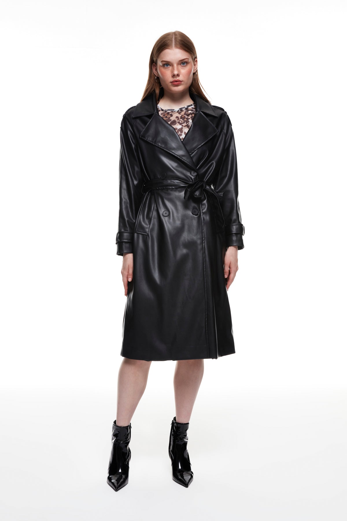 Leather Trench Coat with Tie Detail Black