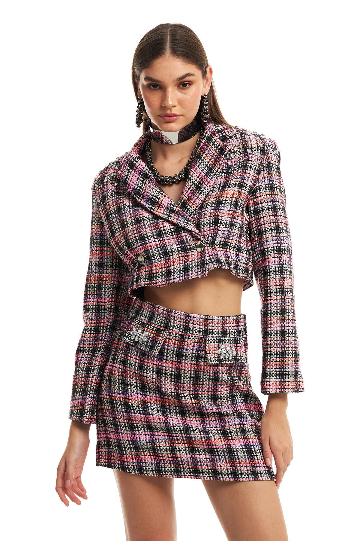 Tweed Crop Jacket Black with Stones on the Shoulders