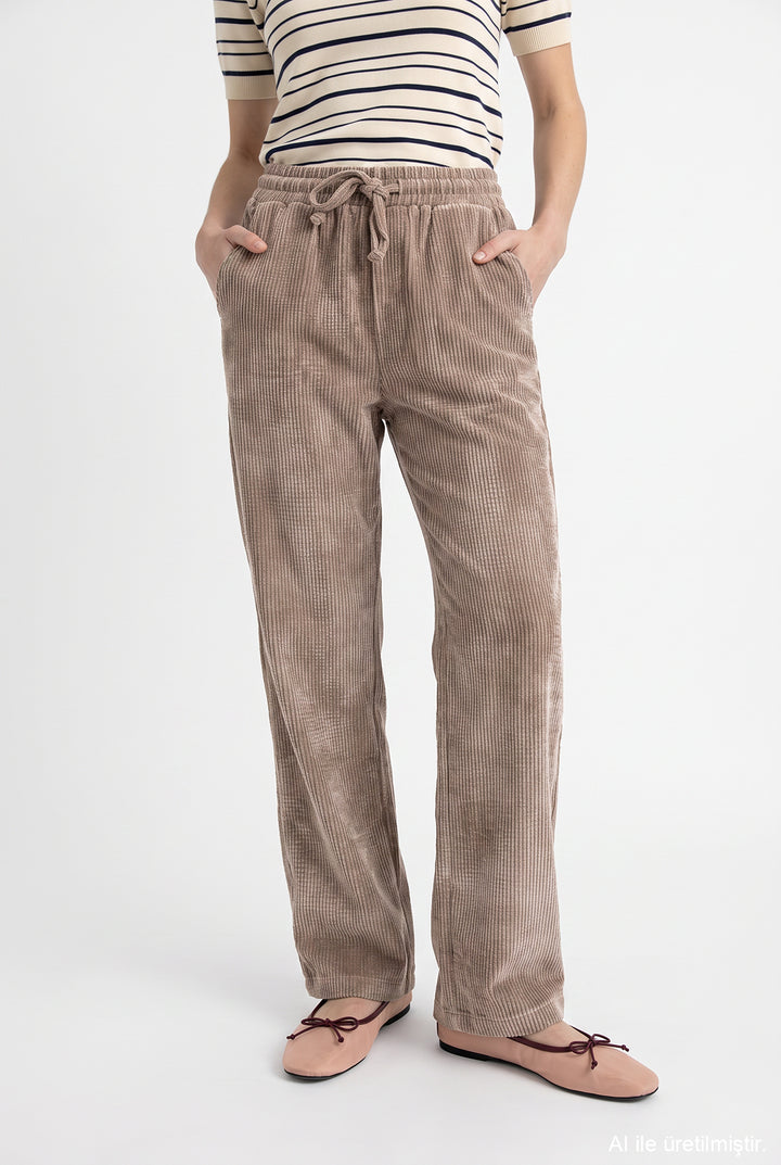 Beli Lastikli Kadife Bol Paça Pantolon Camel