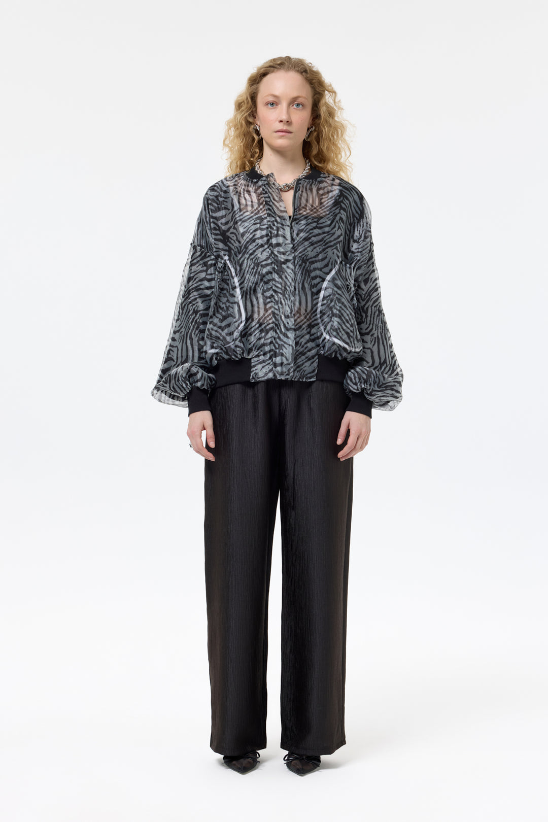 Zebra Desenli Cepli Tül Bomber Ceket Siyah