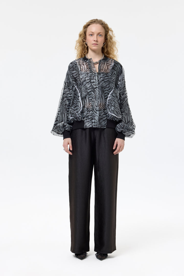Zebra Desenli Cepli Tül Bomber Ceket Siyah