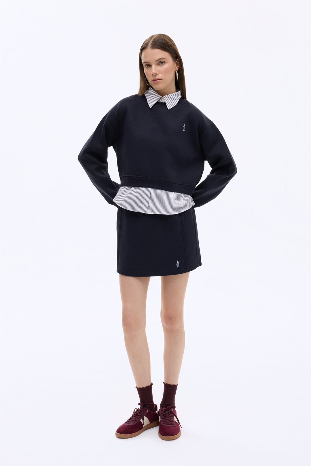 Gömlek Garnili Nakışlı Sweatshirt Lacivert