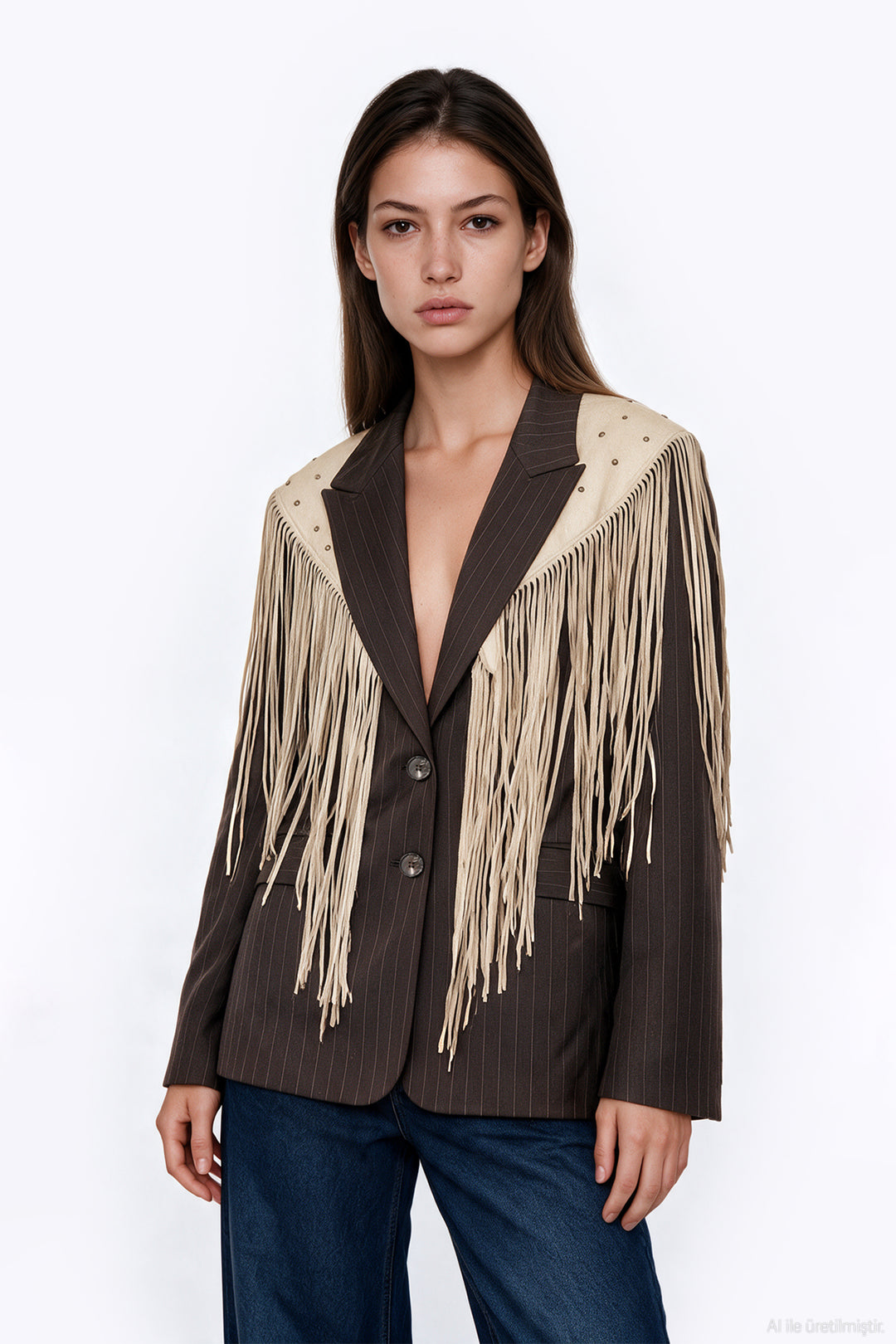 Püsküllü Şallı Oversize Blazer Ceket Kahverengi