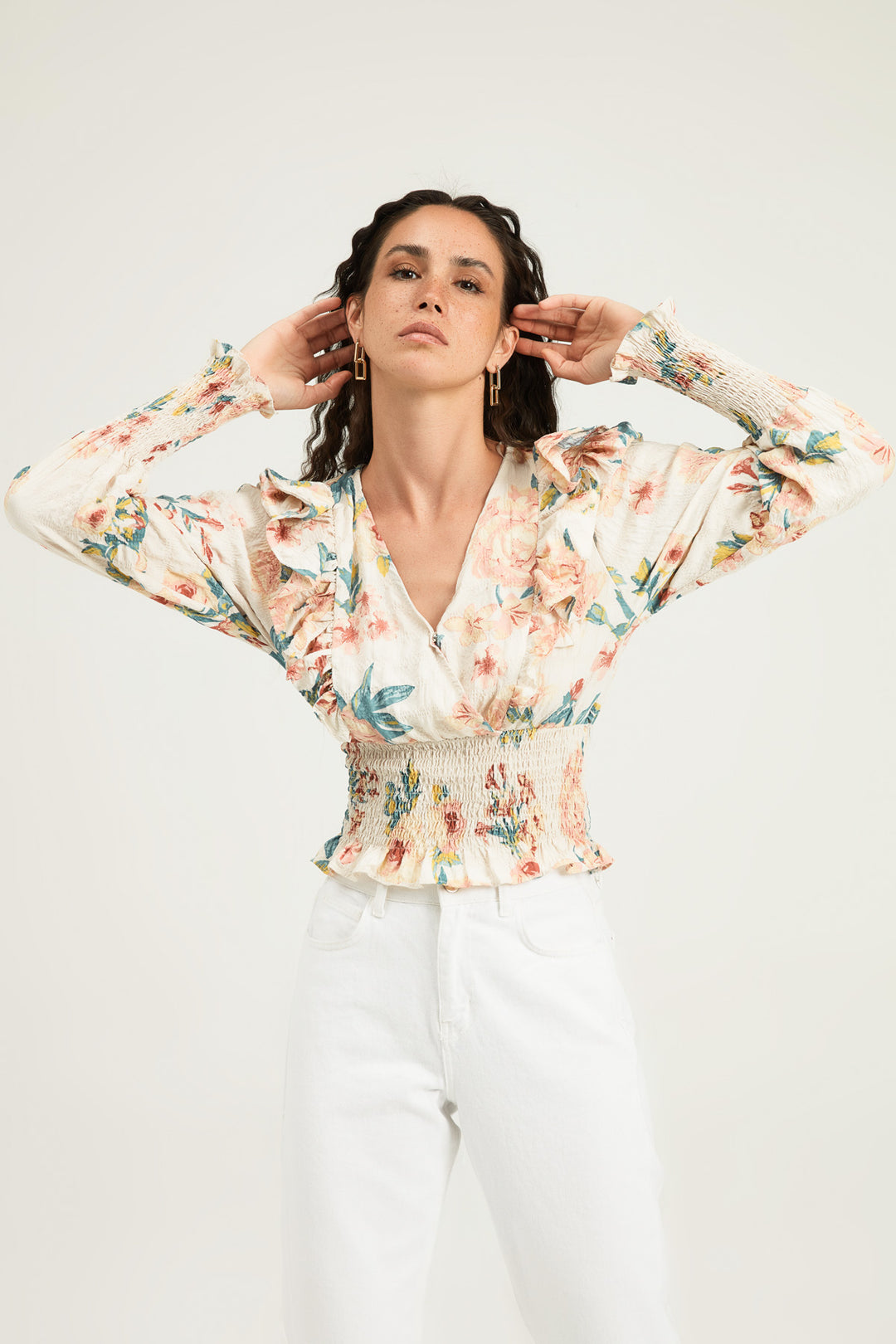 Floral Frilled Double Breasted Blouse Ecru