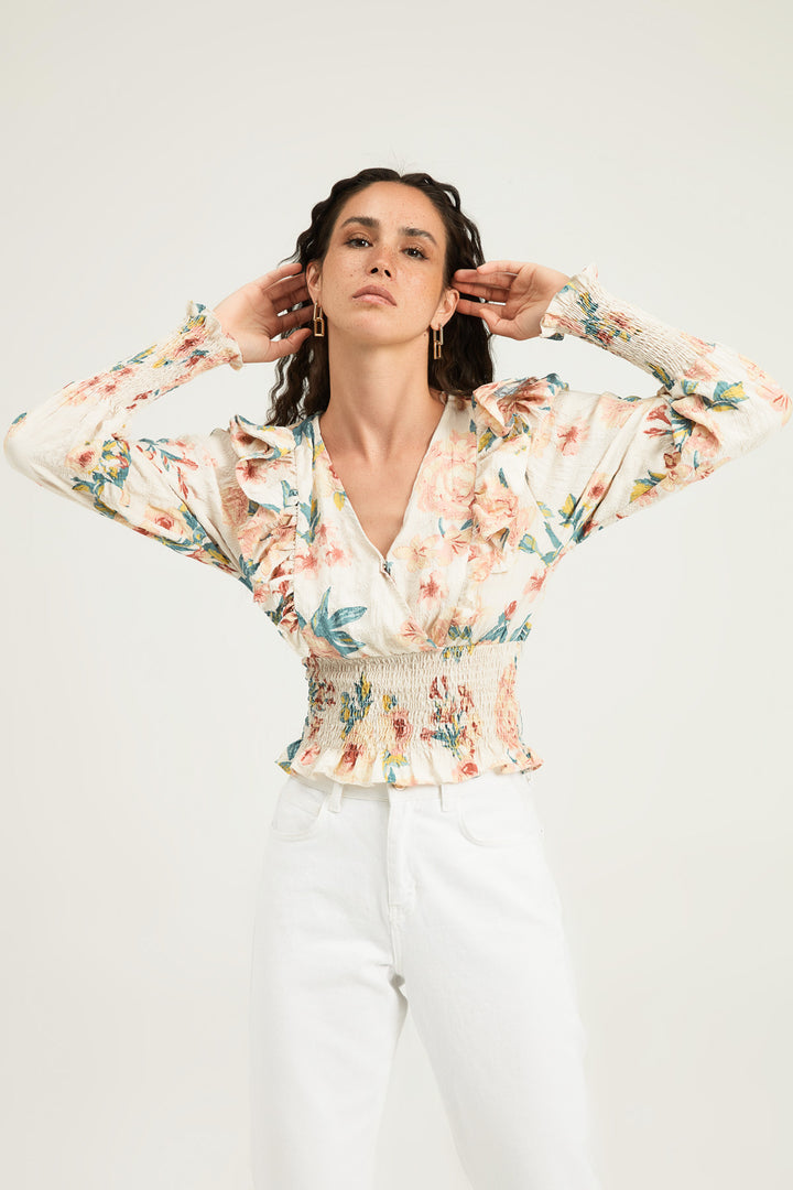 Floral Frilled Double Breasted Blouse Ecru