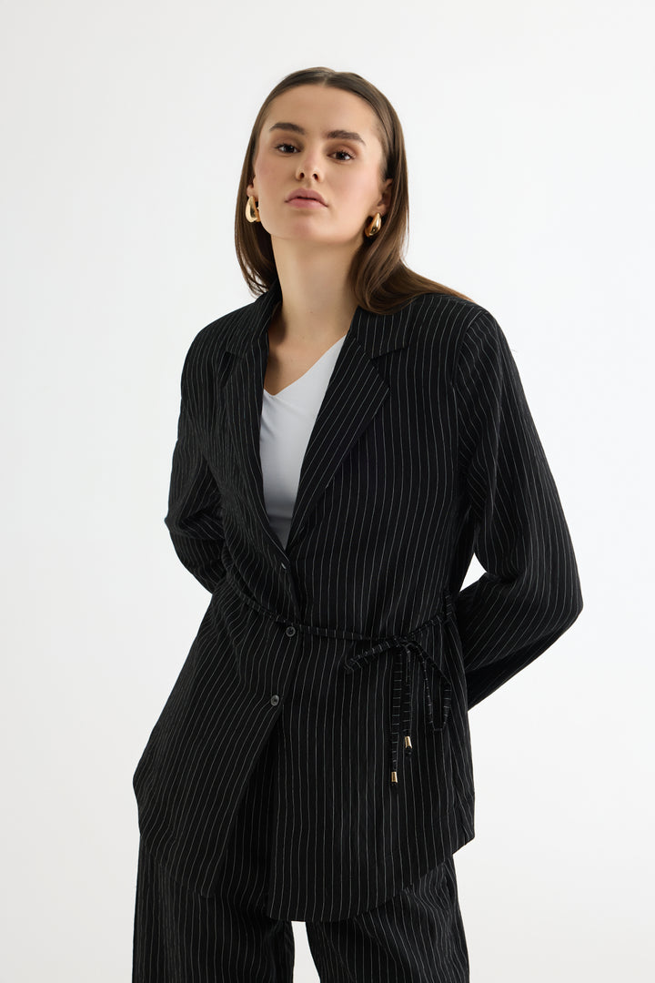 Çizgili Bağcıklı Gömlek Ceket Siyah