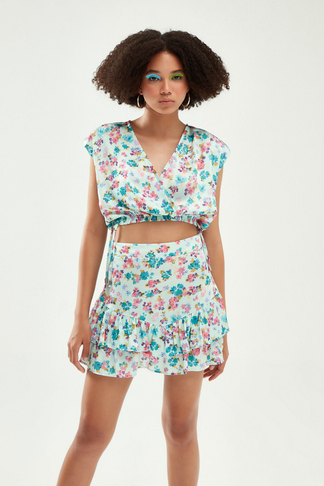 Floral Waistband Crop Satin Blouse Mint