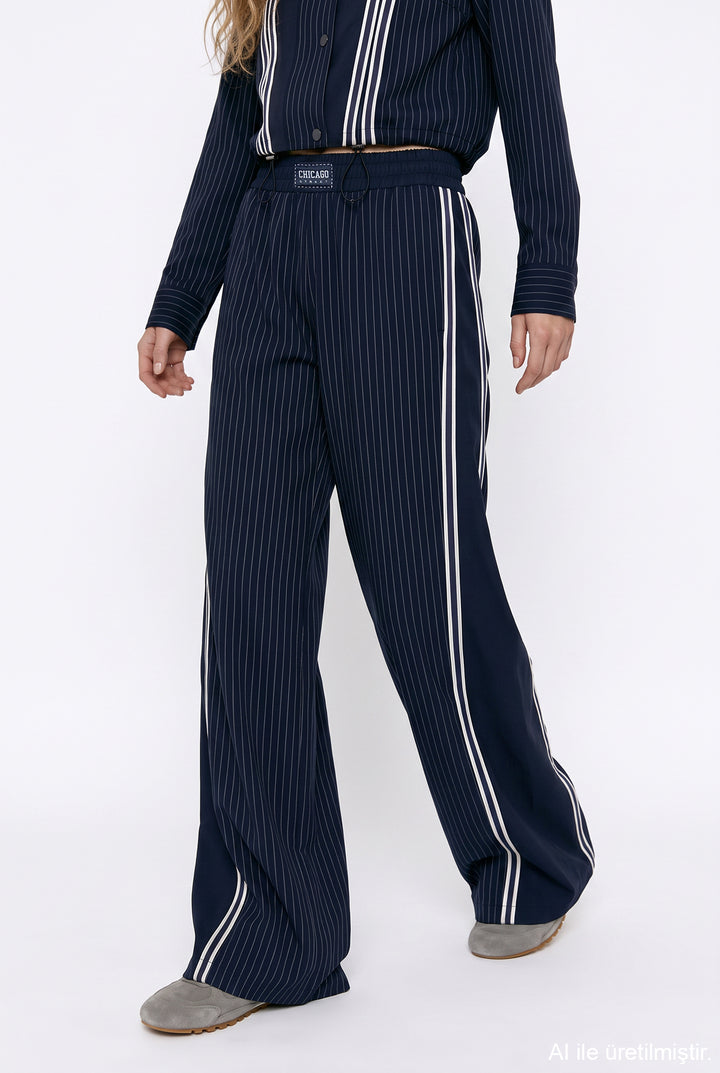 Çizgili Yan Şeritli Bol Paça Pantolon Lacivert