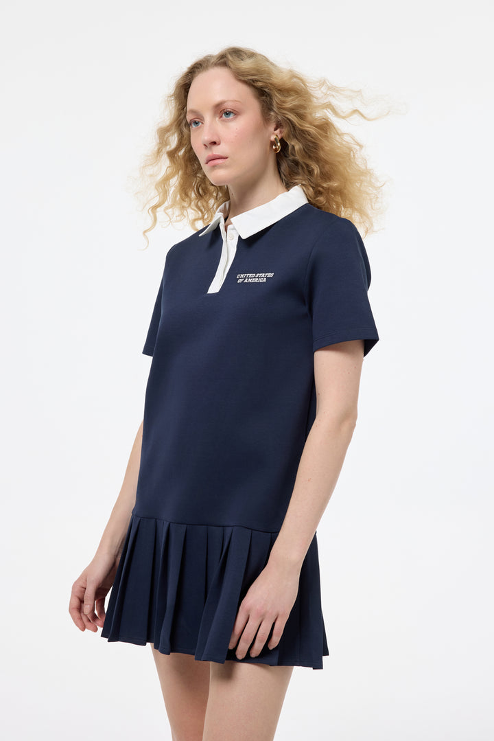 Polo Yaka Pileli Mini Elbise Lacivert