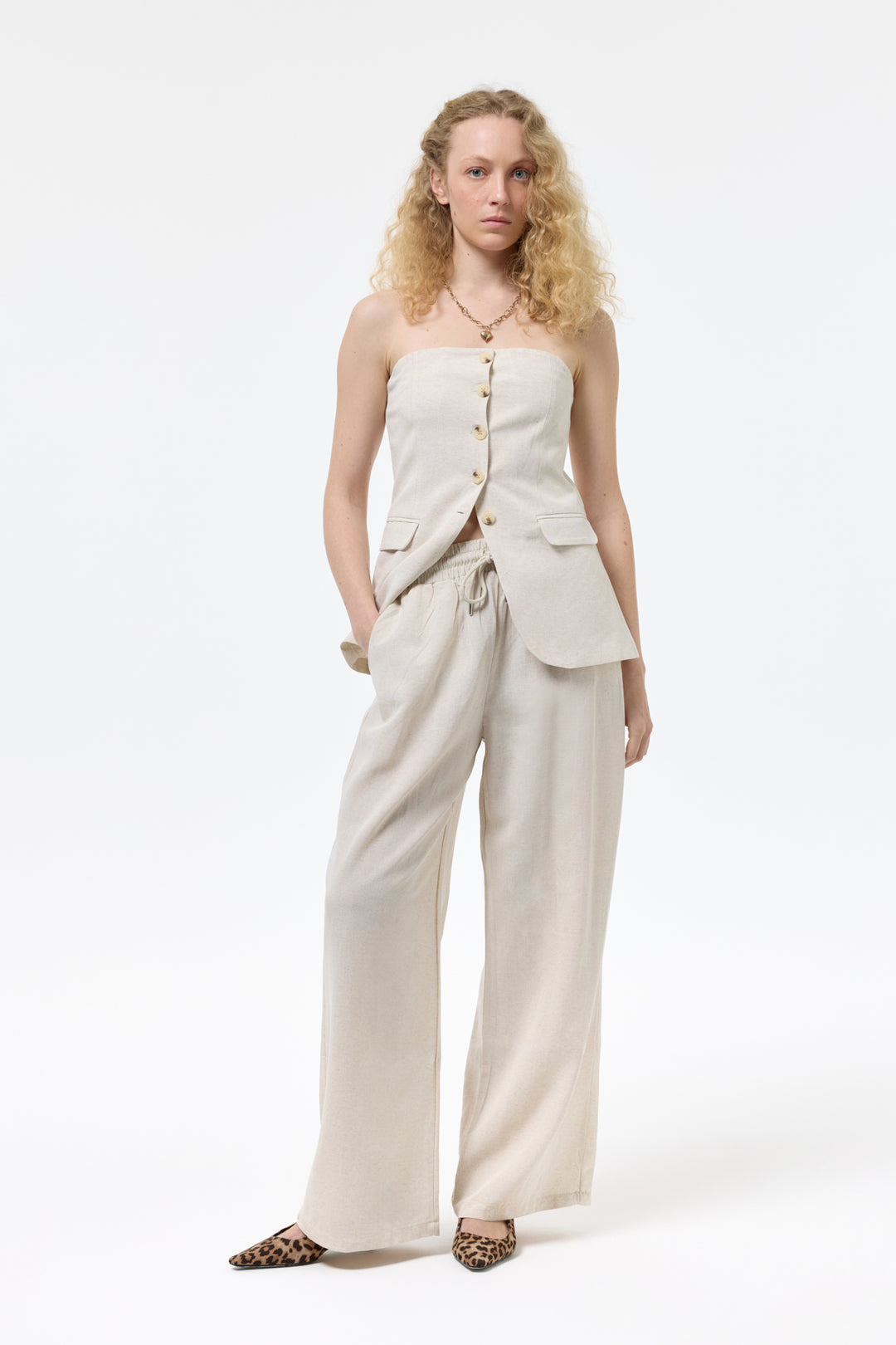 Beli Lastikli Keten Pantolon Naturel