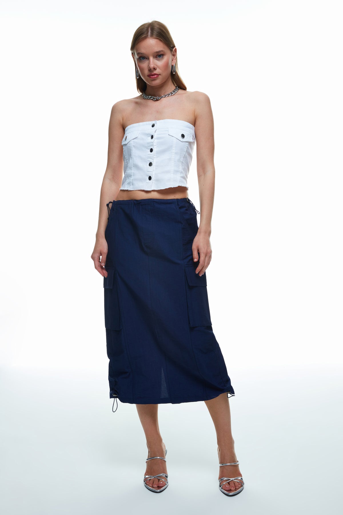 Pleated Pocket Detailed Cargo Skirt Navy Blue