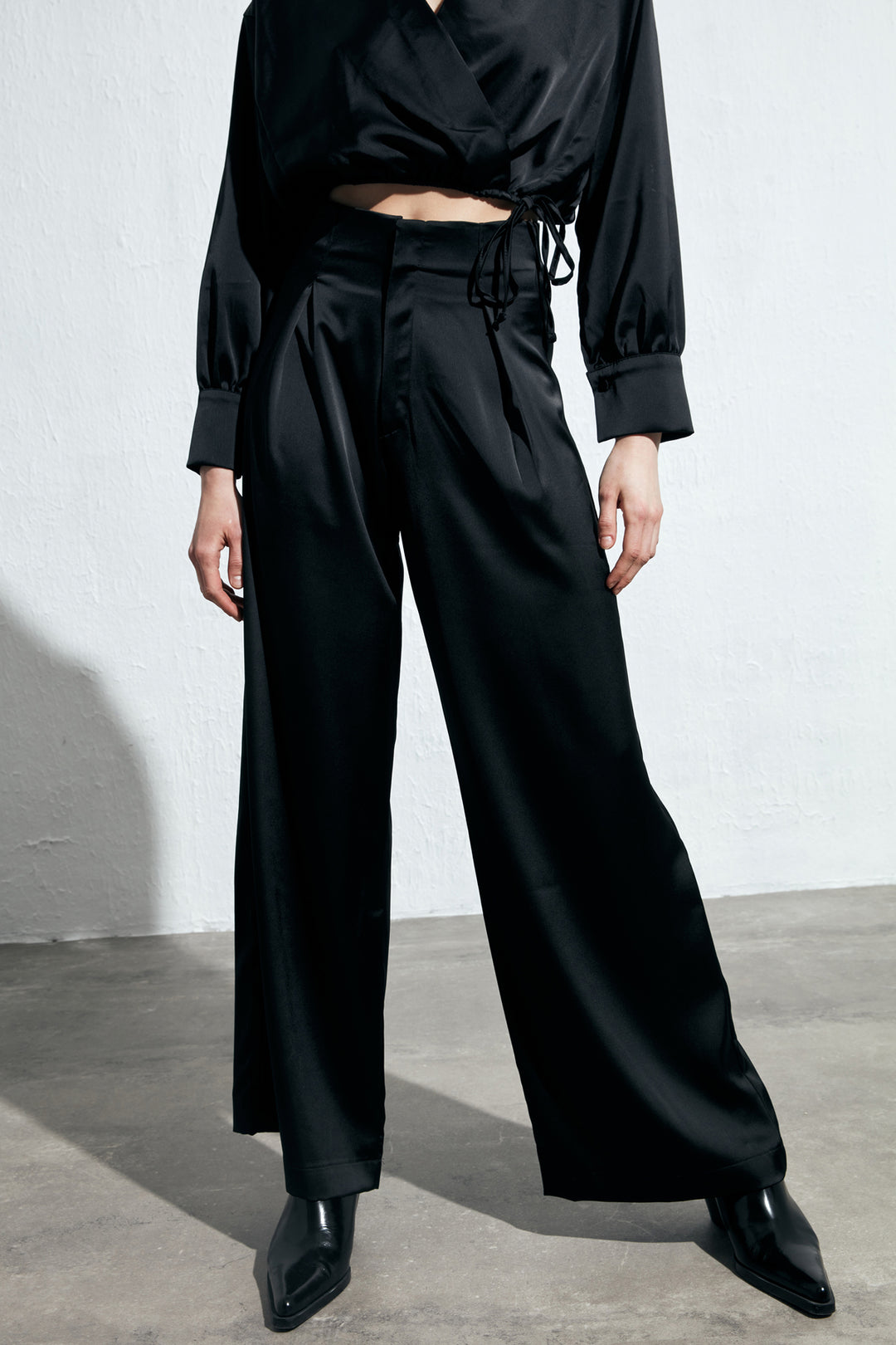 High Waist Satin Wide Leg Trousers Black