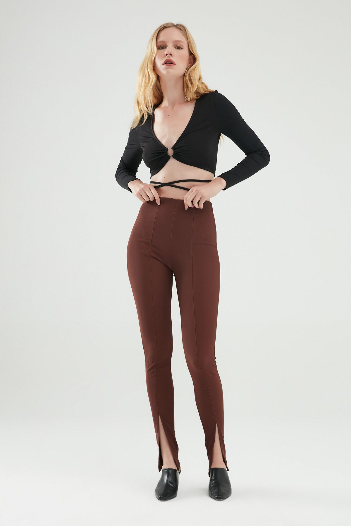 Elastic Waist Slit Trousers Brown