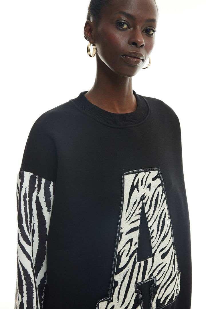 Kolları Zebra Baskılı Sweatshirt Siyah