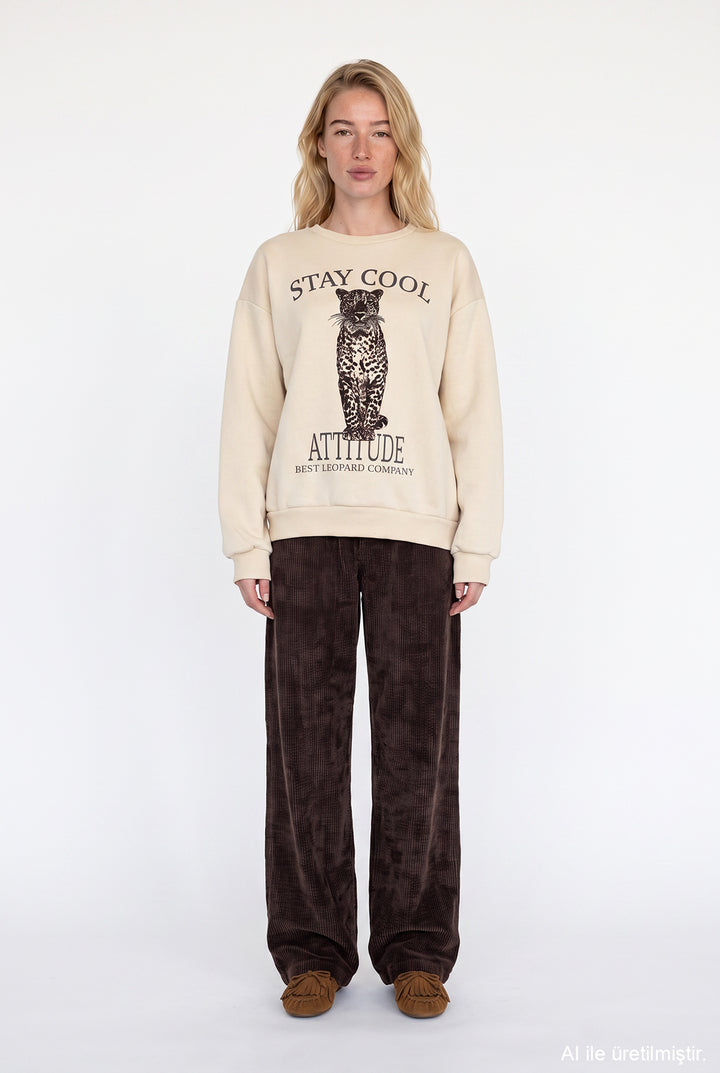Leopar ve Yazı Baskılı Oversize Sweatshirt Bej