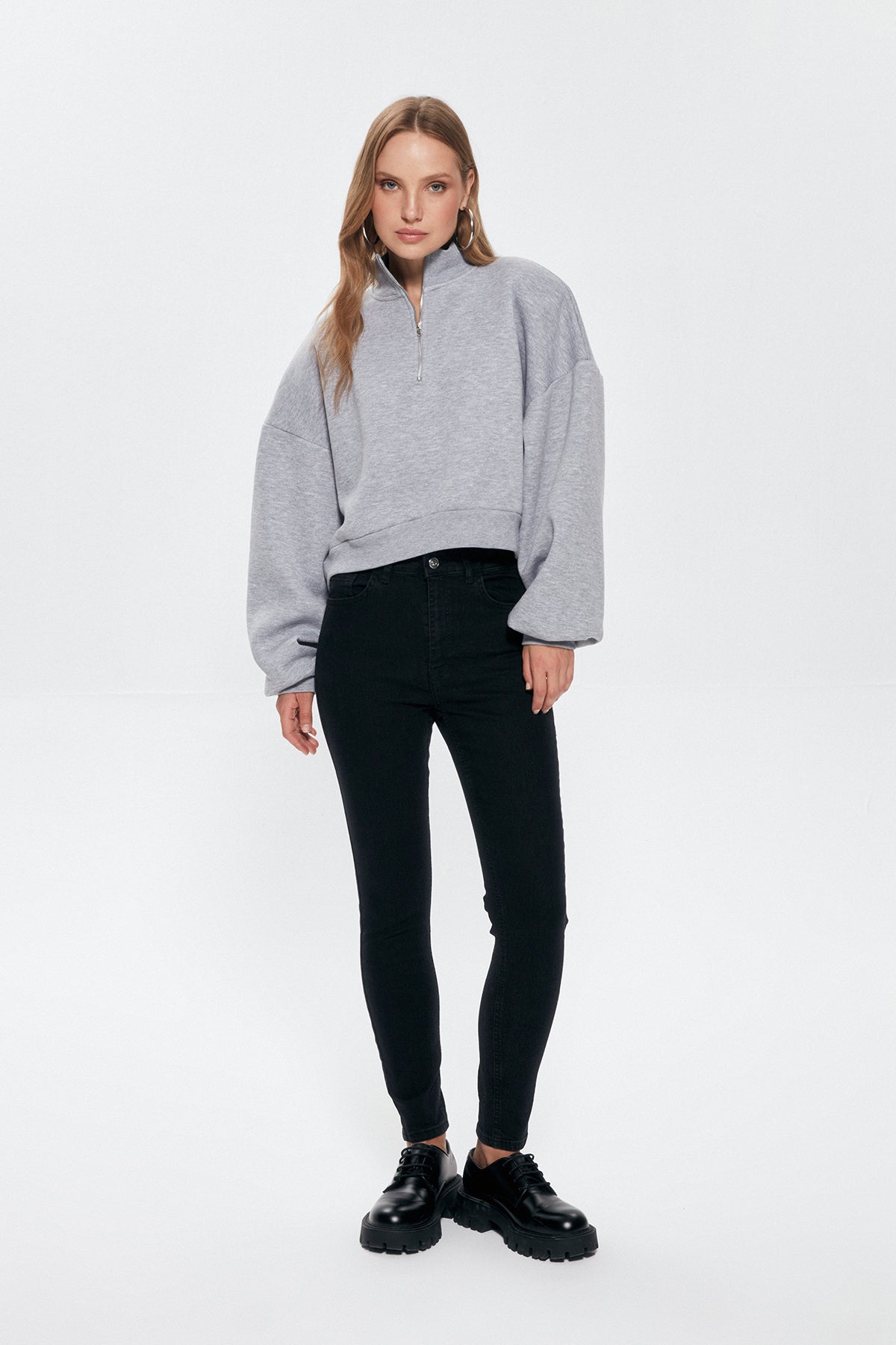 Fermuar Detaylı Crop Sweatshirt Grimelanj