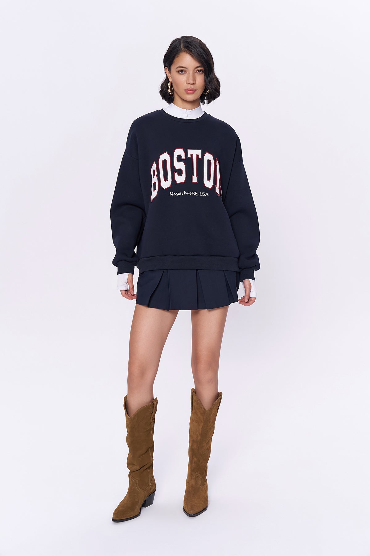 Kolu Fermuarlı Boston Yazılı Sweatshirt Lacivert