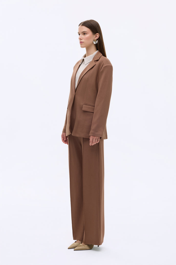 Tek Düğmeli Yumuşak Dokulu Oversize Blazer Ceket Kahverengi